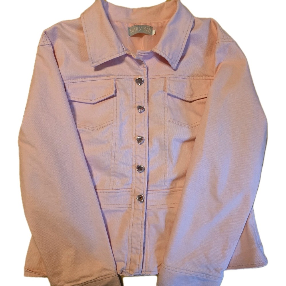 Mary Kay Jean Jacket Womens Pink Heart Gem Button Denim Style Lined Blazer Large
